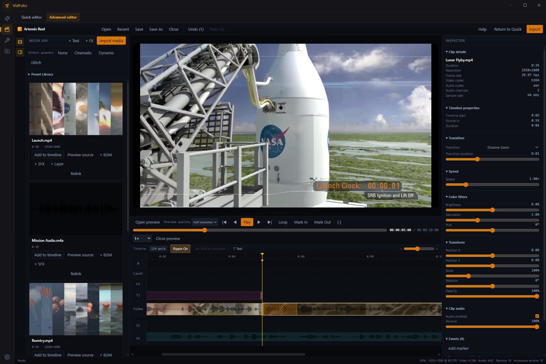 Zoomed-in timeline: the playhead between two clips with frame-level timecode