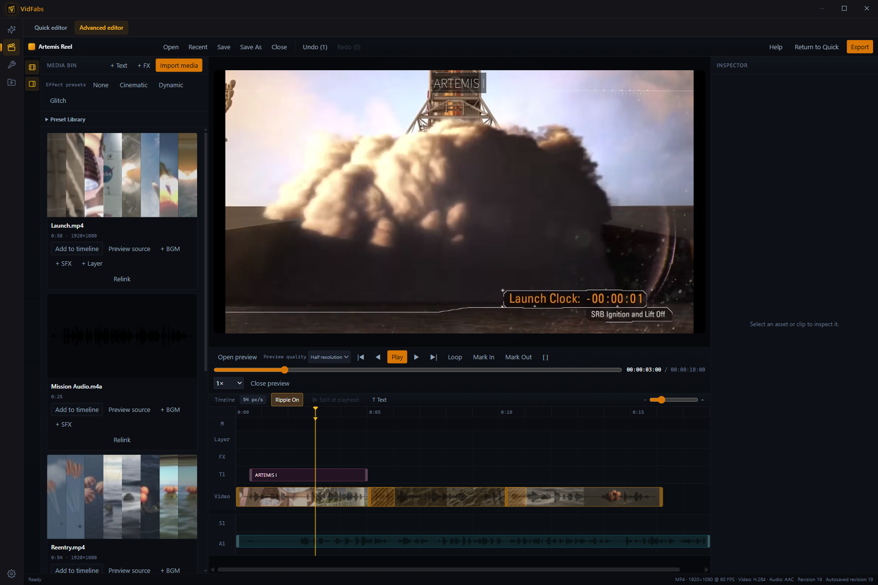 VidFabs Advanced editor: media bin, preview, frame-accurate timeline and inspector