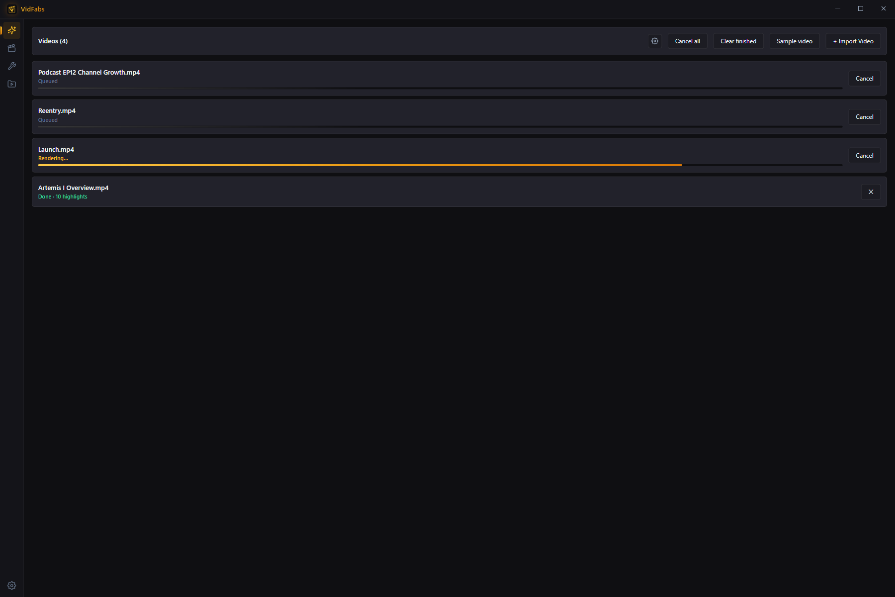 AI Clips pipeline with queued videos and per-stage progress